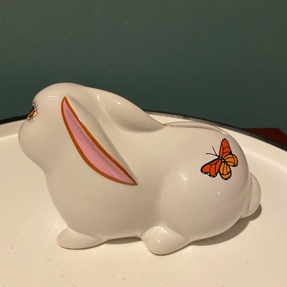 Lynn Chase Designs Ceramic Bunny Rabbit Coin Bank with Butterfly Neiman Marcus - Picture 3 of 7